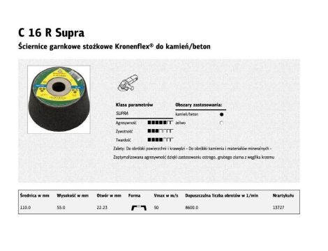 KLINGSPOR ŚCIERNICA GARNKOWA STOŻKOWA C16R_SUPRA 110mm x 55mm x 22mm