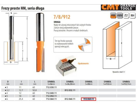 CMT FREZ PROSTY DŁUGI HM D= 6 I=25,4 L=60 S=8