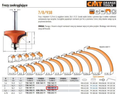 CMT FREZ ZAOKRĄGLAJĄCY Z ŁOŻYSKIEM HM R= 3 D=18,7 I=12,7 S=8