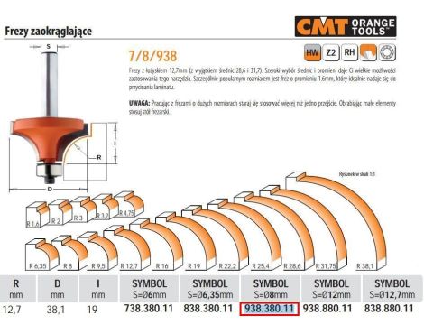 CMT FREZ ZAOKRĄGLAJĄCY Z ŁOŻYSKIEM HM R=12,7 D=38,1 I=14 S=8 - 2