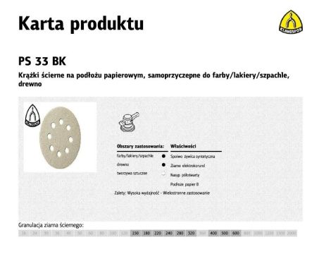 KLINGSPOR KRĄŻEK ŚCIERNY SAMOPRZYCZEPNY 125mm PS33BK gr.150 GLS5 8-OTWORÓW/100szt.
