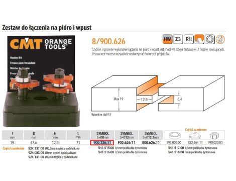 CMT FREZ ZESTAW FREZÓW PIŁKOWYCH PIÓRO - WPUST HM D=47,6 I=19 L=71 S=8 - 2