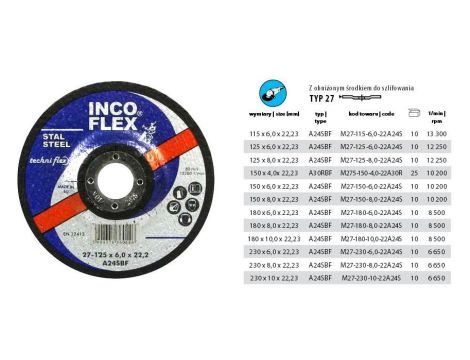 INCOFLEX TARCZA DO SZLIFOWANIA METALU  230 x 6,0 x 22,2mm WYPUKŁA