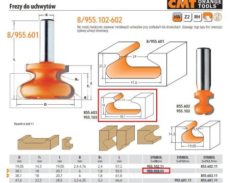 CMT FREZ KSZTAŁTOWY DO UCHWYTÓW DREWNIANYCH HM D=38,1 I=20,7 T=18 R=1,8-6 S=8 - 2