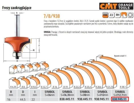 CMT FREZ ZAOKRĄGLAJĄCY Z ŁOŻYSKIEM HM R=16 D=44,5 I=22 S=12,7