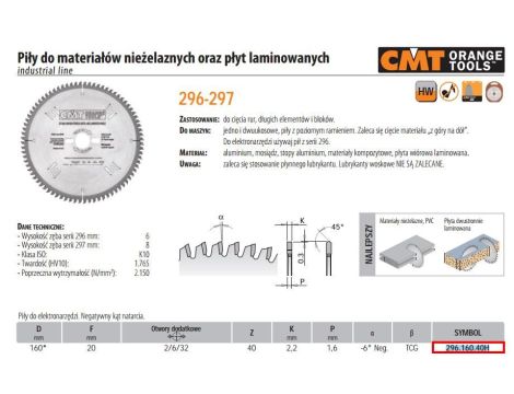 CMT PIŁA DO CIĘCIA MATERIAŁÓW NIEŻELAZNYCH,PCV ORAZ PŁYT LAMINOWANYCH HW D=160 F=20 Z=40 K=2,2/1,6