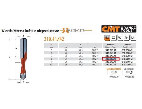CMT WIERTŁO NP HW D=8 I=27 L=57,5 S=10x27 KRÓTKIE, NIEPRZELOTOWE, XTREME.
