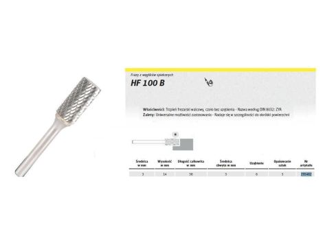 KLINGSPOR FREZ DO METALU HF 100 A FI=3,0x14mm TRZPIEŃ 3mm TYP ZYA, WALCOWY - 2