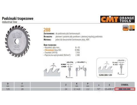 CMT PODCINAK TRAPEZOWY HM D=120 F=20 Z=20 K=3,1-4 LAMINAT, MDF