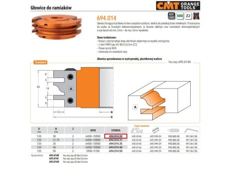 CMT GŁOWICA DO RAMEK NA WYMIENNE NOŻE D=120 I=40 F=30 RPM=6400-10500 - 2