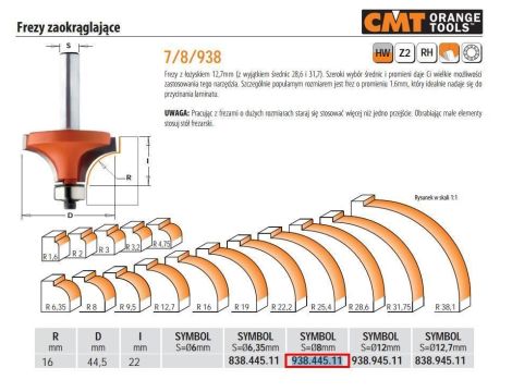 CMT FREZ ZAOKRĄGLAJĄCY Z ŁOŻYSKIEM HM R=16 D=44,5 I=22 S=8 - 3