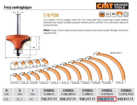 CMT FREZ ZAOKRĄGLAJĄCY Z ŁOŻYSKIEM HM R= 9,5 D=31,7 I=14 S=12%%% - 3
