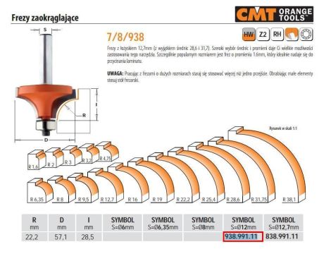 CMT FREZ ZAOKRĄGLAJĄCY Z ŁOŻYSKIEM HM R=22,2 D=57,1 I=28,4 S=12 - 3