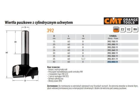 CMT WIERTŁO PUSZKOWE HW RH D=40 L=60 S=8