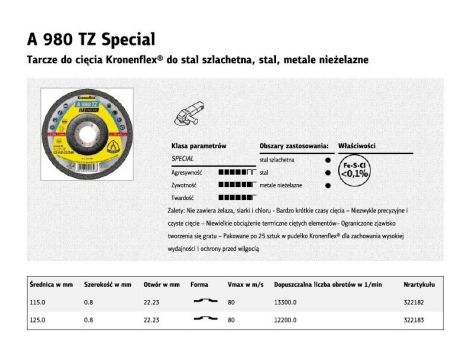 KLINGSPOR TARCZA DO CIĘCIA METALU 125mm x 0,8mm x 22,2mm  A980 TZ Special