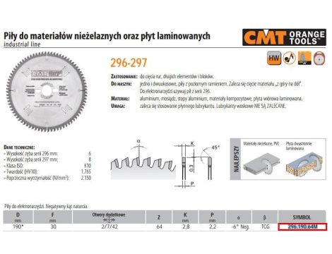 CMT PIŁA DO CIĘCIA MATERIAŁÓW NIEŻELAZNYCH,PCV ORAZ PŁYT LAMINOWANYCH HW D=190 F=30 Z=64 K=2,8/2,2