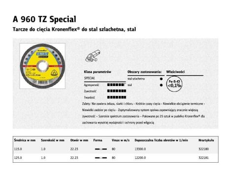 KLINGSPOR TARCZA DO CIĘCIA METALU 125mm x 1,0mm x 22,2mm A960 TZ Special