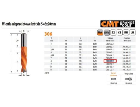 CMT WIERTŁO NIEPRZELOTOWE KRÓTKIE HW NP D=8 I=30 L=55,5 S=8x20