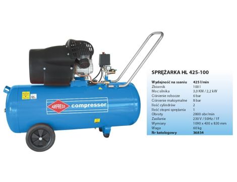 AIRPRESS KOMPRESOR OLEJOWY DWUTŁOKOWY HL425-100 "V-ka" 100L, 425 l/min, 8 BAR