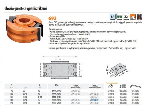 CMT GŁOWICA FREZUJĄCA PROSTA Z OGRANICZNIKAMI D=100 I=40-50 F=35 MAN ALU