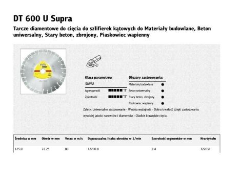 KLINGSPOR TARCZA DIAMENTOWA SEGMENTOWA 125mm x 2,4mm x 22,2mm SUPRA DT600U, BETON ZBROJONY - 2