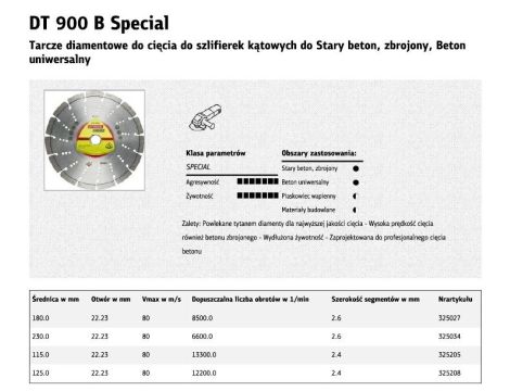 KLINGSPOR TARCZA DIAMENTOWA SEGMENTOWA 230mm x 2,6mm x 22,2mm  DT900B
