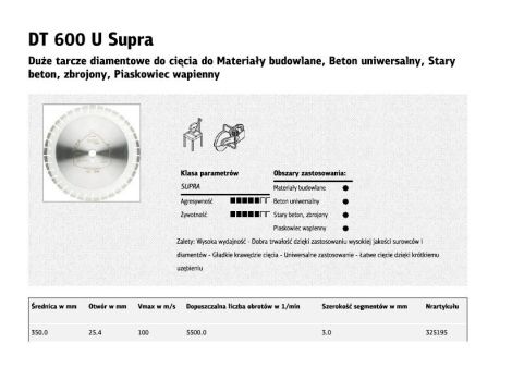 KLINGSPOR TARCZA DIAMENTOWA SEGMENTOWA 350mm x 3,0mm x 25,4mm SUPRA DT600U, BETON ZBROJONY - 3