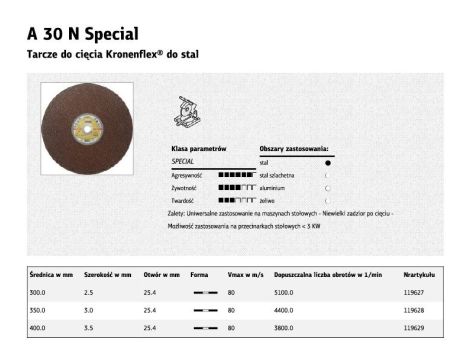 KLINGSPOR TARCZA DO CIĘCIA METALU 400mm x 3,5mm x 25,4mm  A30N Special STAL>>>353328
