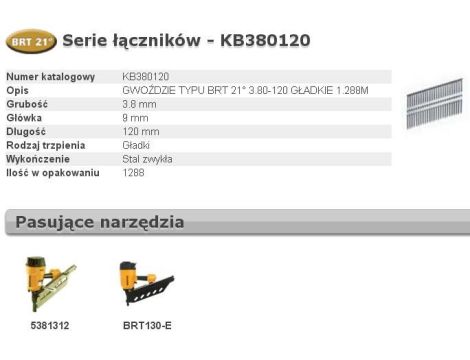 BOSTITCH GWOŹDZIE BRT21 3,80 x 120mm 1288 szt. KB380120