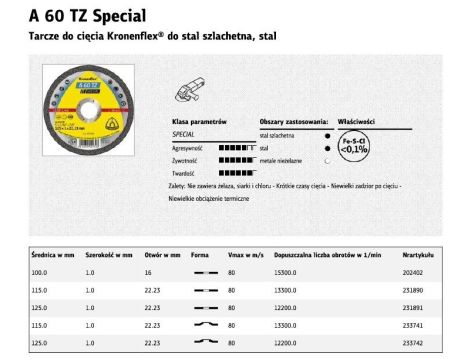 KLINGSPOR TARCZA DO CIĘCIA METALU 125mm x 1,0mm x 22,2mm  A60 TZ Special