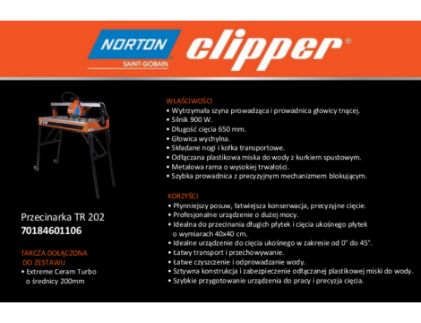 NORTON PRZECINARKA STOŁOWA DO CERAMIKI CLIPPER TR202 DŁUGOŚĆ CIĘCIA 650mm - 2