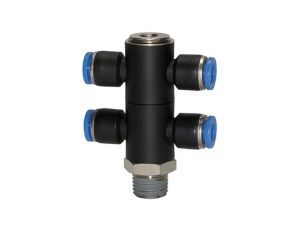 Złączka pneumatyczna wtykowa banjo podwójna R 1/4 GZ do węża fi 10 mm, tworzywo sztuczne