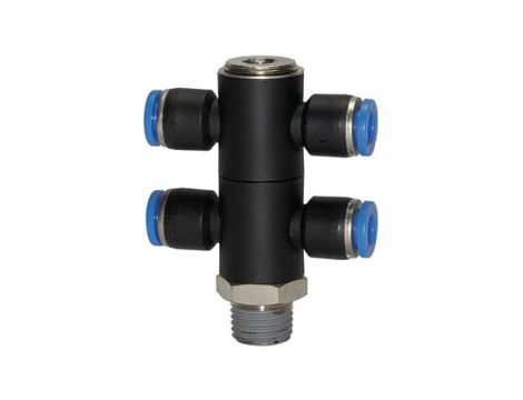 Złączka pneumatyczna wtykowa banjo podwójna R 3/8 GZ do węża fi 10 mm, tworzywo sztuczne