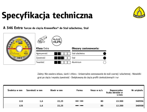 KLINGSPOR TARCZA DO CIĘCIA METALU 125mm x 1,6mm x 22,2mm A346 EX