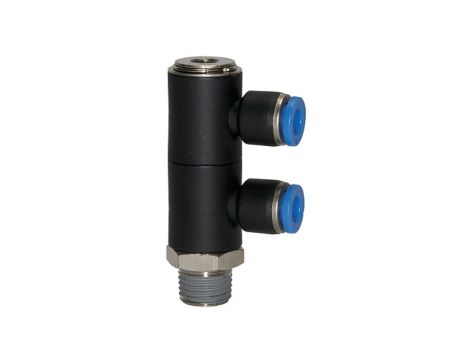Rozdzielacz wtykowy pneumatyczny 2x banjo R 1/4 GZ do węża fi 10 mm, tworzywo sztuczne