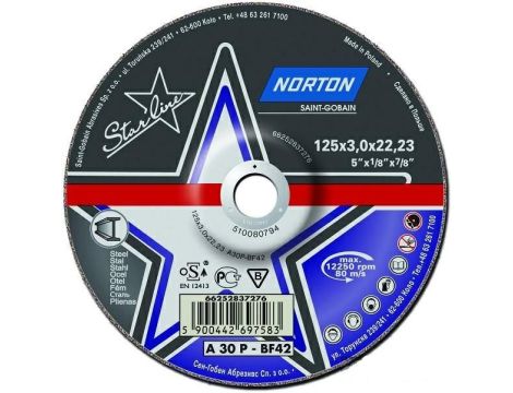 NORTON TARCZA STARLINE DO METALU 125mm x 3.0mm x 22.22mm -T42 A30P
