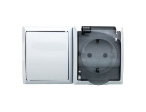 FALA Łącznik hermetyczny pojedynczy + gniazdo z/u Schuko z klapką przezroczystą białe ZH-Ł1GS/00/d