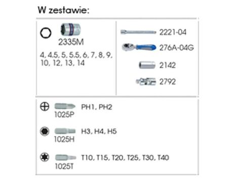 KING TONY ZESTAW NARZĘDZI 1/4" 27cz. NASADKI KRÓTKIE, 6-kąt. 4 - 14mm Z GRZECHOTKĄ I AKCESORIAMI - 2