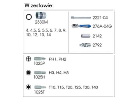 KING TONY ZESTAW NARZĘDZI 1/4" 27cz. NASADKI KRÓTKIE, 12-kąt. 4 - 14mm Z GRZECHOTKĄ I AKCESORIAMI - 2