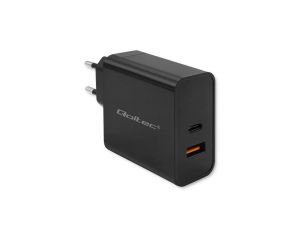 Qoltec Ładowarka Super Quick PD 1xUSB-C 1xUSB 65W 5-20V 1.5-3.25A Laptop Smartfon Czarna