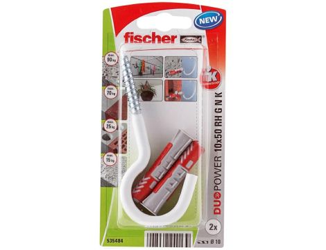 FISCHER KOŁEK DUOPOWER 10x50 Z HAKIEM OKRĄGŁYM /2szt. BIAŁE