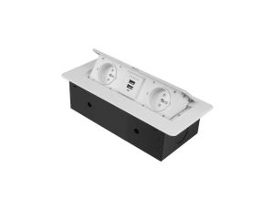 Gniazdo meblowe wpuszczane w blat podwójne 2x 230V 2P+Z + ładowarka USB-A z przewodem 1,5m metalowe białe ADELID