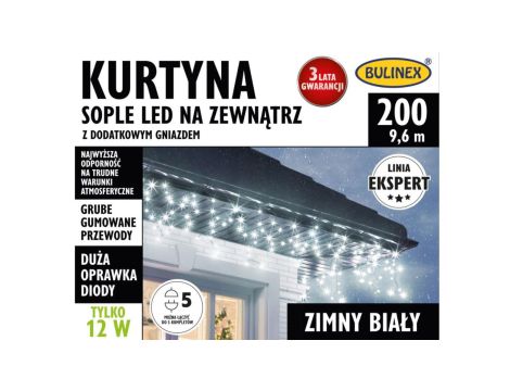 Lampki Bulinex kurtyna sople 200led biały zimny 9.6m biały gruby przewód