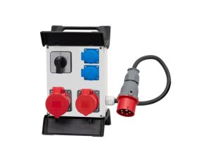 Rozdzielnica R-240 - gniazda 2x16A 5p, 2x230V, 0/1, przewód OW 5x2,5mm2-1,5m z wtyczką 16A 5p na stelażu plastikowym