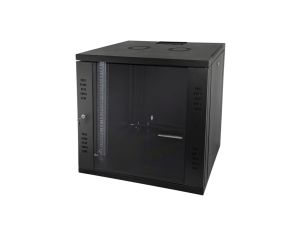 Szafka rack wisząca 19 12U 600x450 niedzielona drzwi szklane jednoskrzydłowe czarny FLAT PACK SW-12U-600-450-N-DSJ-OP-RP-F-C-1