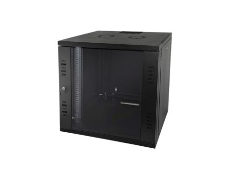 Szafka rack wisząca 19 12U 600x450 niedzielona drzwi szklane jednoskrzydłowe czarny FLAT PACK SW-12U-600-450-N-DSJ-OP-RP-F-C-1