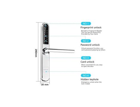 Elektroniczny zamek do drzwi SmartLock RCF SLIM sz=38mm (13,56Mhz Mifare, kod PIN, odcisk palca, Bluetooth)