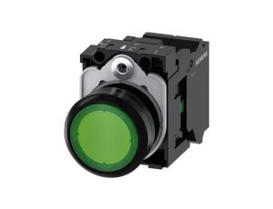 Przycisk okrągły podświetlany, 22 mm, plastik, zielony, przycisk, płaski, ze stykiem chwilowym, z uchwytem, 3SU1102-0AB40-3BA0