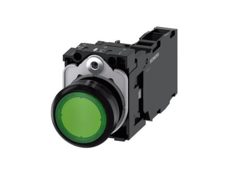 Przycisk podświetlany, 22 mm, okrągły, plastikowy, zielony, przyciskowy, płaski, z zestykiem chwilowym, z uchwytem, ​​1 NO+1 NC