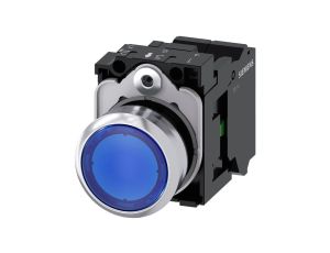 Przycisk podświetlany 22mm okrągły metal niebieski płaski z samopowrotem 1NO LED 24V AC DC sprężynowe SIRIUS 3SU1152-0AB50-3BA0